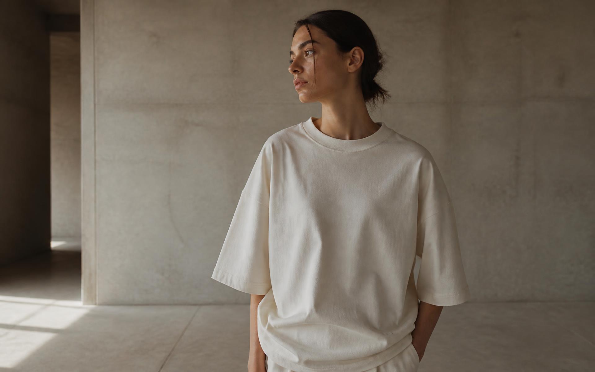 Model wearing an off-white heavyweight tee in a concrete studio